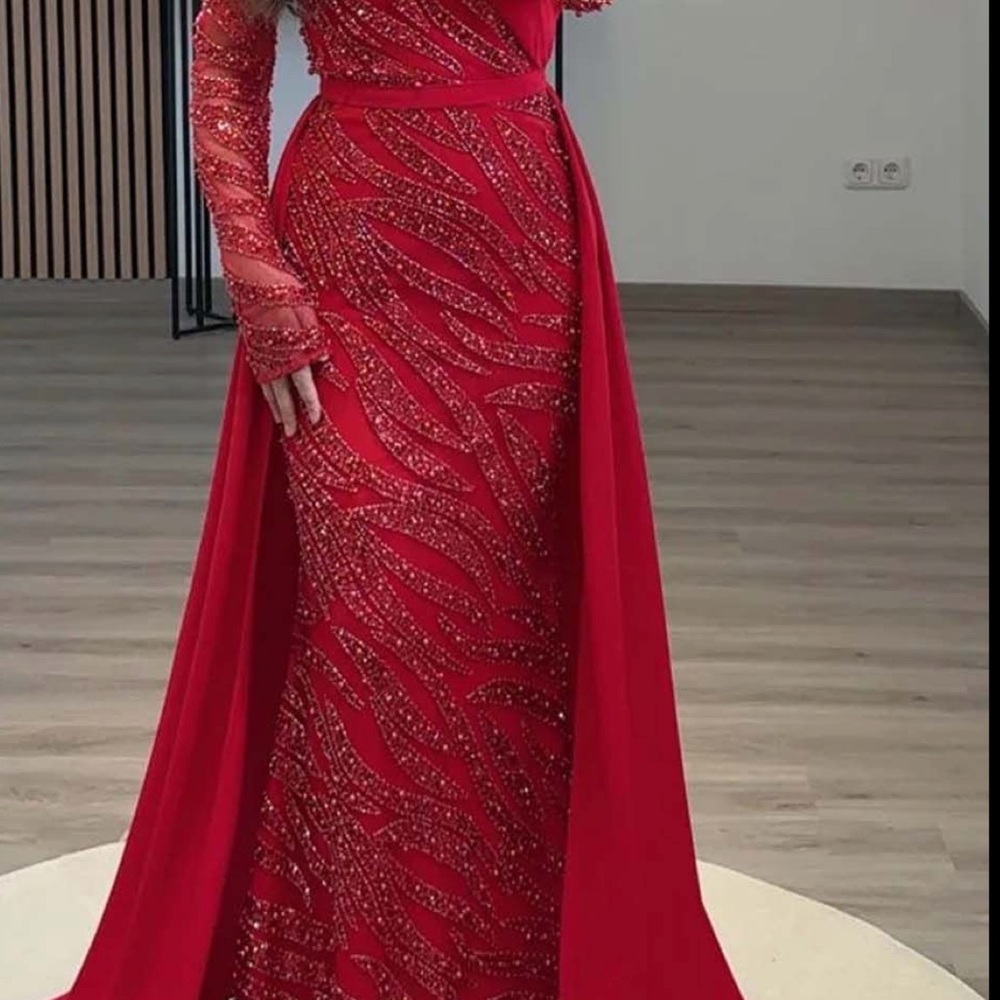 Red Beaded Long-Sleeve Formal Gown